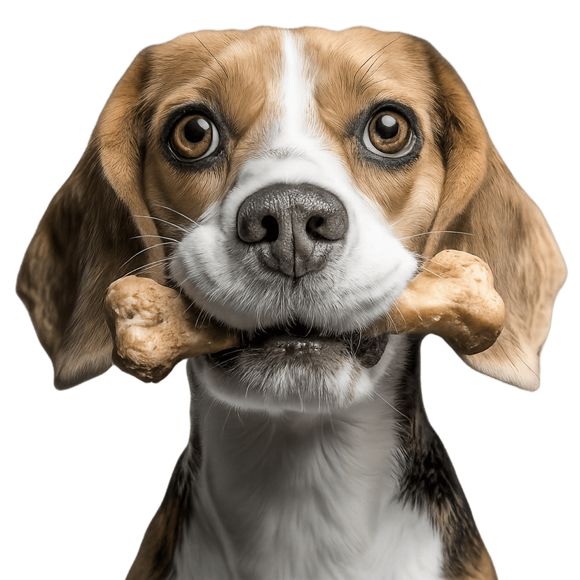 Mascota feliz con productos de la tienda